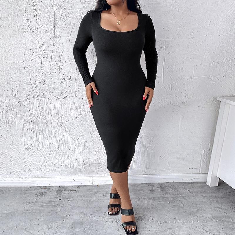 CHICME Square Neck Tummy Control Butt Lifter Thigh Slimmer Full Body Shaper Bodycon Dress Double Layer Built-In Shapewear Ribbed Mid-Length Dress