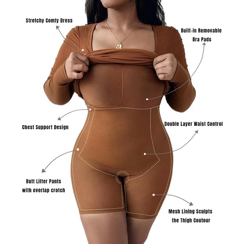 CHICME Square Neck Tummy Control Butt Lifter Thigh Slimmer Full Body Shaper Bodycon Dress Double Layer Built-In Shapewear Ribbed Mid-Length Dress