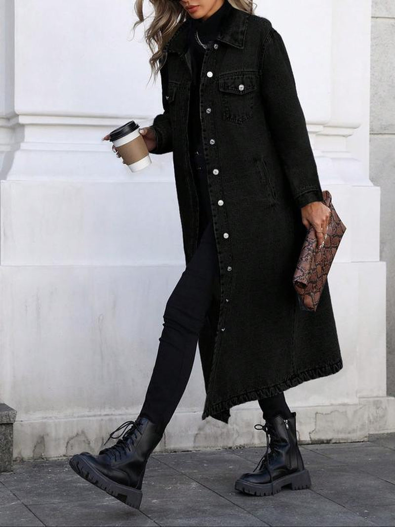 Women'S Button Front Denim Coat, Elegant Casual Long Sleeve Denim Jacket for Spring & Fall, Women'S Clothing for Daily Wear