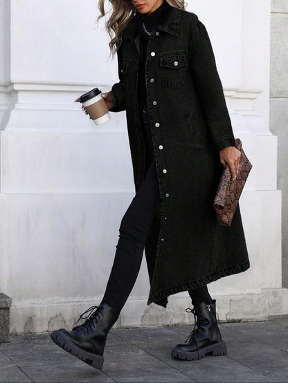 Women'S Button Front Denim Coat, Elegant Casual Long Sleeve Denim Jacket for Spring & Fall, Women'S Clothing for Daily Wear