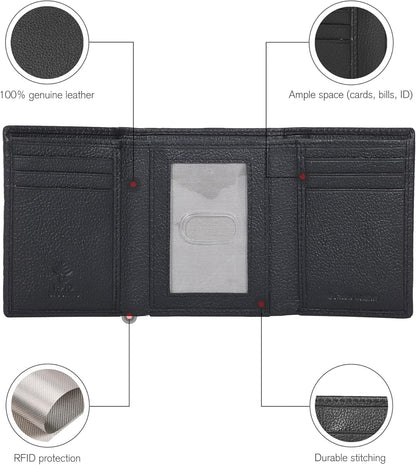 Leather Trifold Wallet for Men - RFID Blocking - 6 Card Slots, 2 Slip Pockets & 1 Front ID Window - Minimalist Design, Slim Wallet