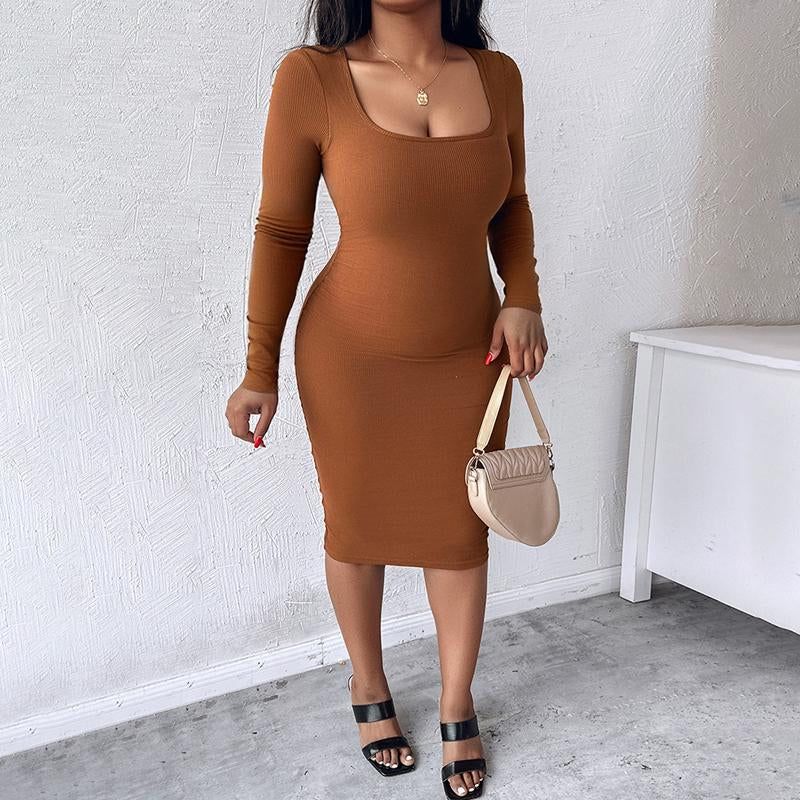 CHICME Square Neck Tummy Control Butt Lifter Thigh Slimmer Full Body Shaper Bodycon Dress Double Layer Built-In Shapewear Ribbed Mid-Length Dress