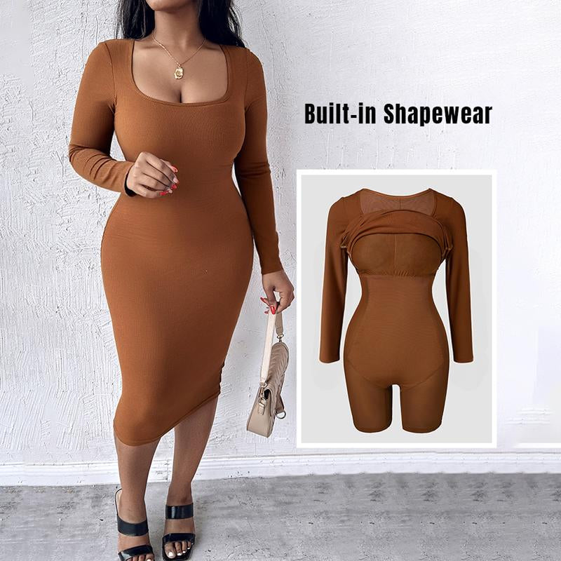 CHICME Square Neck Tummy Control Butt Lifter Thigh Slimmer Full Body Shaper Bodycon Dress Double Layer Built-In Shapewear Ribbed Mid-Length Dress