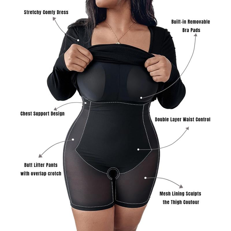 CHICME Square Neck Tummy Control Butt Lifter Thigh Slimmer Full Body Shaper Bodycon Dress Double Layer Built-In Shapewear Ribbed Mid-Length Dress