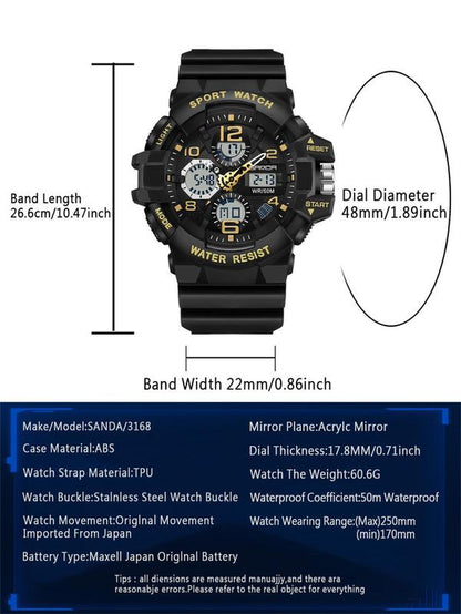 Men'S Sportive Digital Analog Quartz Watch, Fashionable Digital Watch with Alarm Mode, Trendy Watch for Daily Life