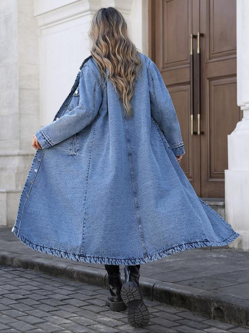 Women'S Button Front Denim Coat, Elegant Casual Long Sleeve Denim Jacket for Spring & Fall, Women'S Clothing for Daily Wear