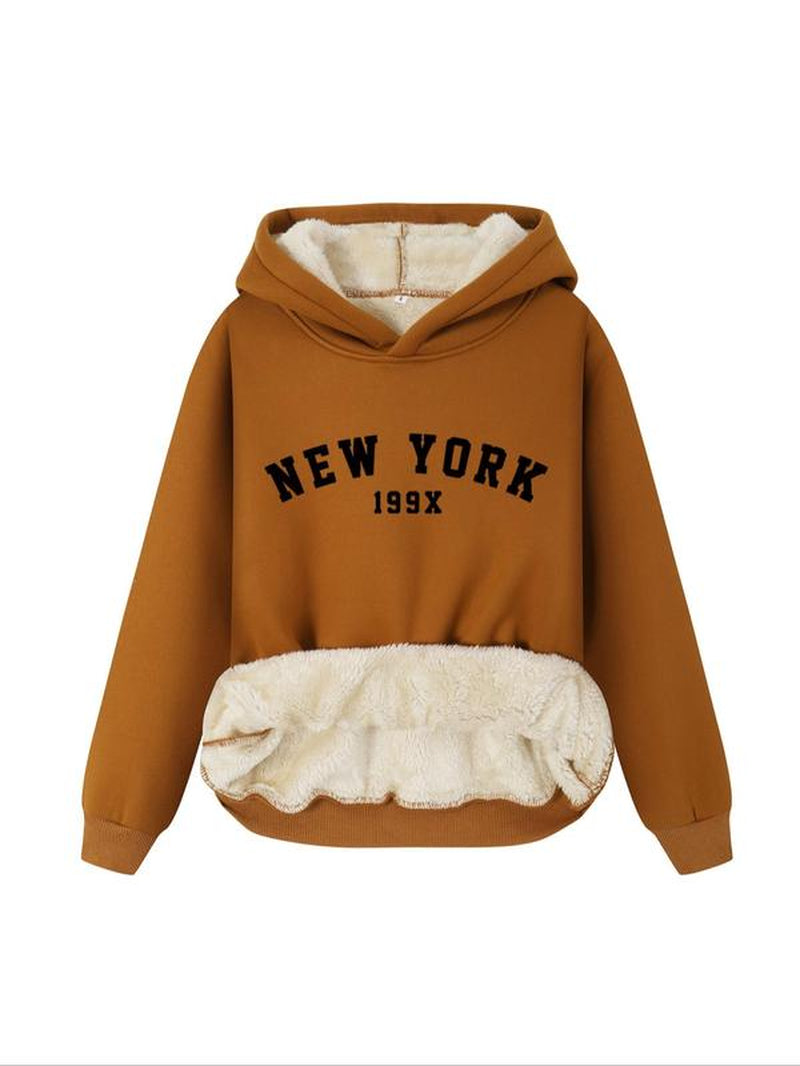 Women'S Letter Print Plush Lined Hoodie, Casual Warm Long Sleeve Hooded Sweatshirt, Ladies Fall & Winter Clothes for Daily Wear