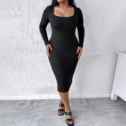 CHICME Square Neck Tummy Control Butt Lifter Thigh Slimmer Full Body Shaper Bodycon Dress Double Layer Built-In Shapewear Ribbed Mid-Length Dress