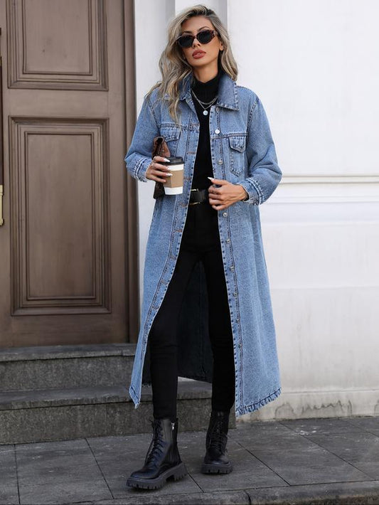 Women'S Button Front Denim Coat, Elegant Casual Long Sleeve Denim Jacket for Spring & Fall, Women'S Clothing for Daily Wear