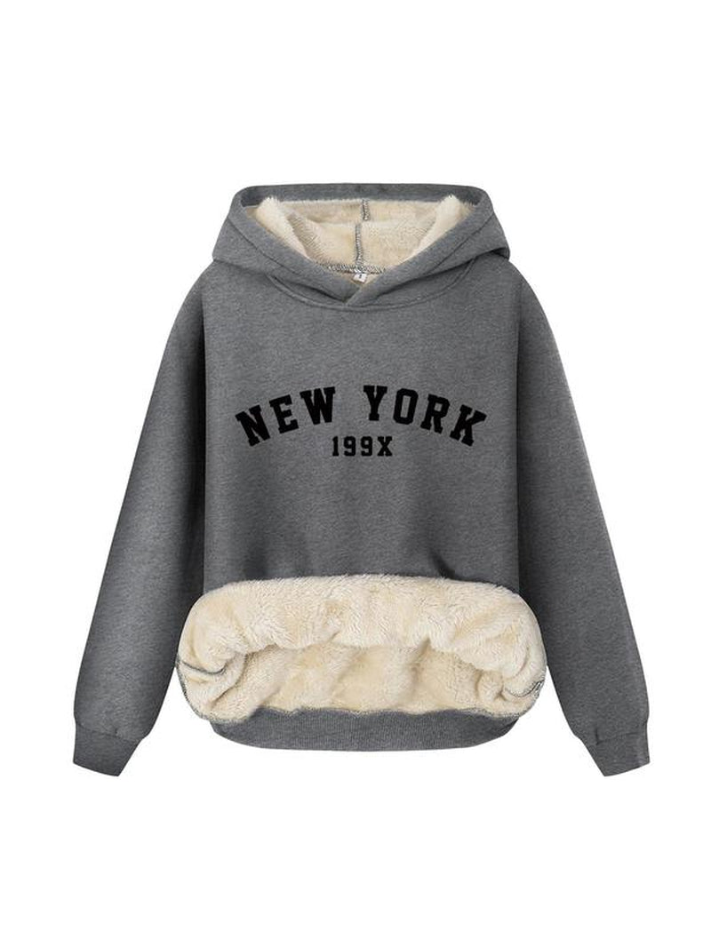 Women'S Letter Print Plush Lined Hoodie, Casual Warm Long Sleeve Hooded Sweatshirt, Ladies Fall & Winter Clothes for Daily Wear