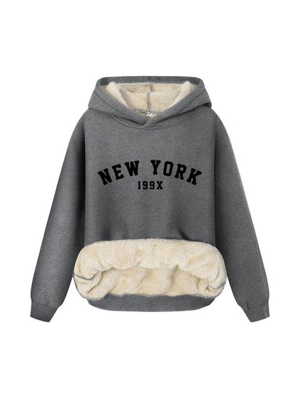 Women'S Letter Print Plush Lined Hoodie, Casual Warm Long Sleeve Hooded Sweatshirt, Ladies Fall & Winter Clothes for Daily Wear
