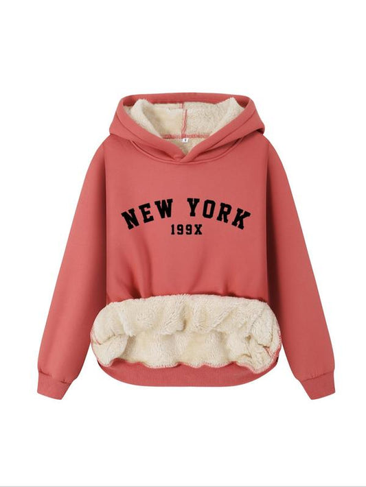 Women'S Letter Print Plush Lined Hoodie, Casual Warm Long Sleeve Hooded Sweatshirt, Ladies Fall & Winter Clothes for Daily Wear