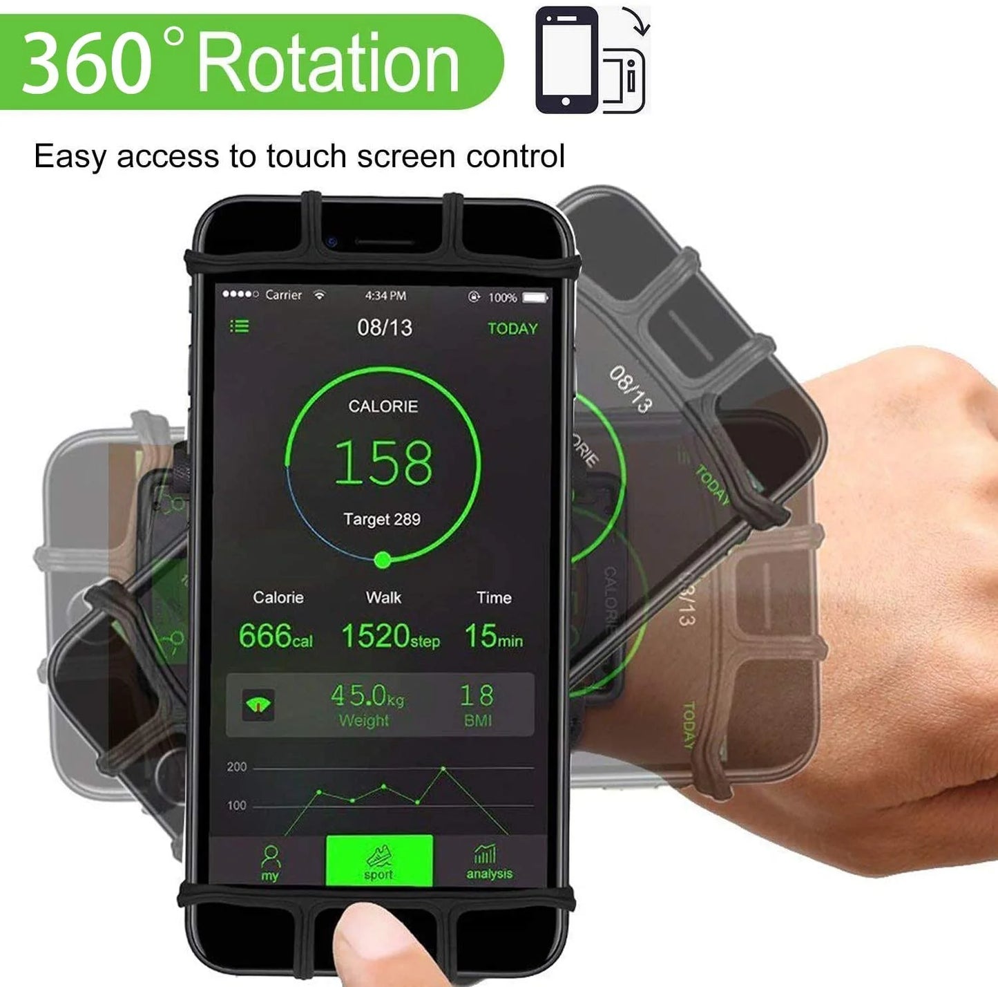 Phone Holder for Running Wristband, 360° Rotatable & Adjustable Cellphone Sports Band Case for Iphone Samsung Smartphones for Workout Exercise Fitness Gym Walking