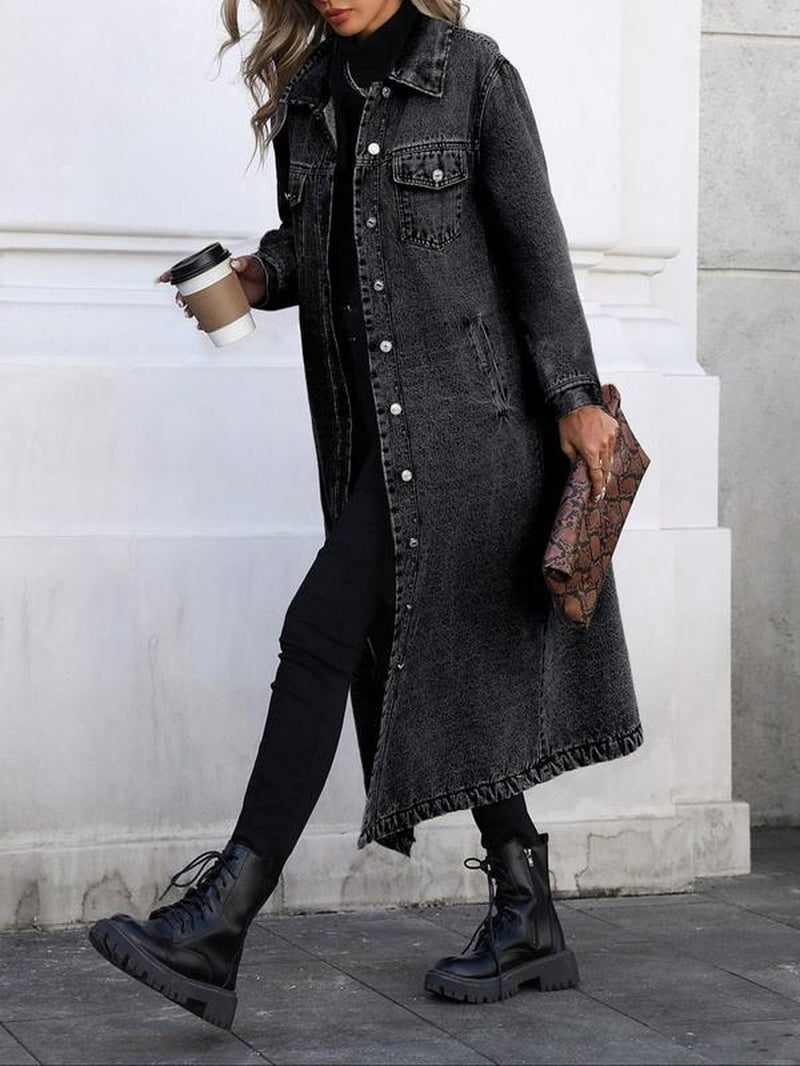 Women'S Button Front Denim Coat, Elegant Casual Long Sleeve Denim Jacket for Spring & Fall, Women'S Clothing for Daily Wear