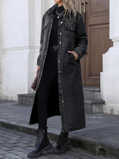 Women'S Button Front Denim Coat, Elegant Casual Long Sleeve Denim Jacket for Spring & Fall, Women'S Clothing for Daily Wear