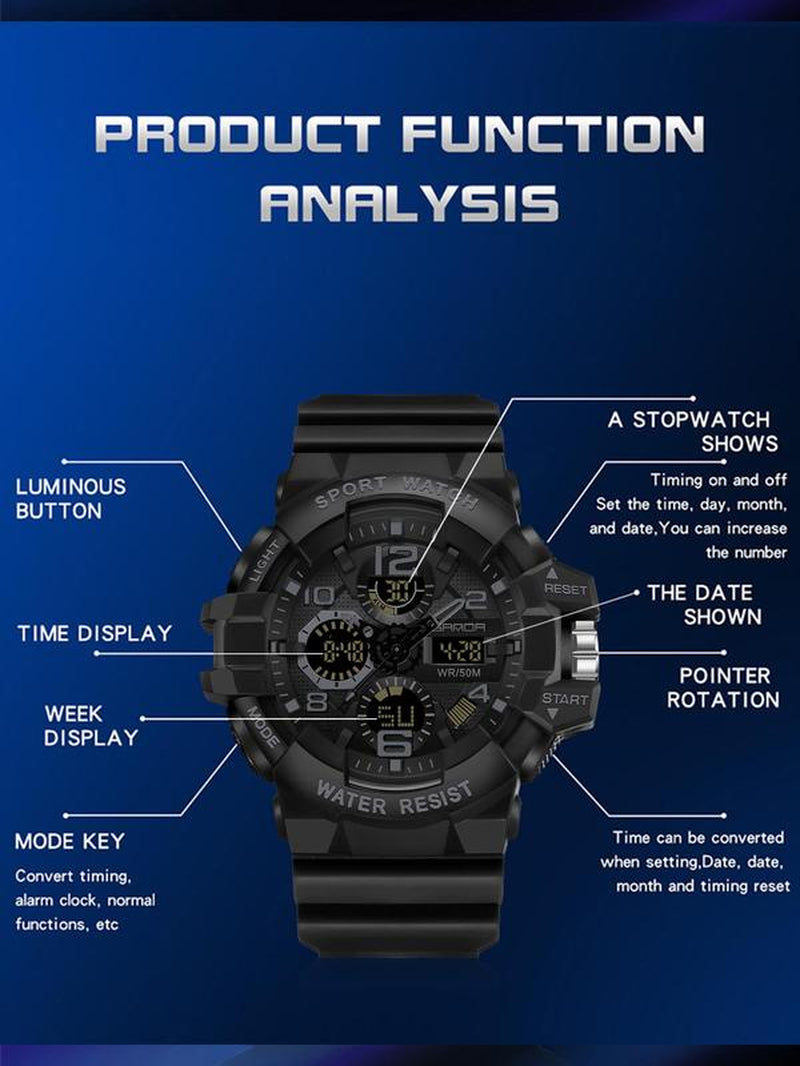 Men'S Sportive Digital Analog Quartz Watch, Fashionable Digital Watch with Alarm Mode, Trendy Watch for Daily Life