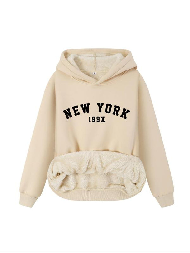 Women'S Letter Print Plush Lined Hoodie, Casual Warm Long Sleeve Hooded Sweatshirt, Ladies Fall & Winter Clothes for Daily Wear