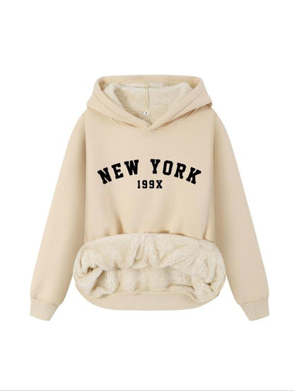 Women'S Letter Print Plush Lined Hoodie, Casual Warm Long Sleeve Hooded Sweatshirt, Ladies Fall & Winter Clothes for Daily Wear