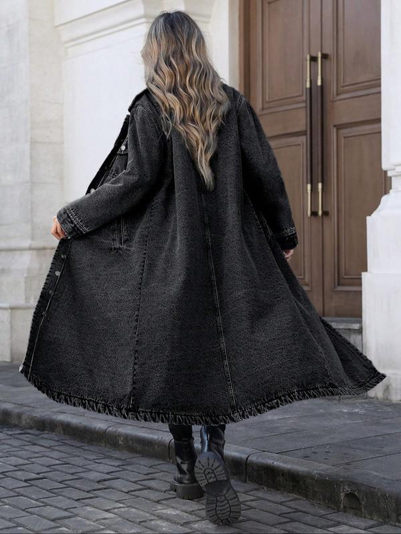 Women'S Button Front Denim Coat, Elegant Casual Long Sleeve Denim Jacket for Spring & Fall, Women'S Clothing for Daily Wear
