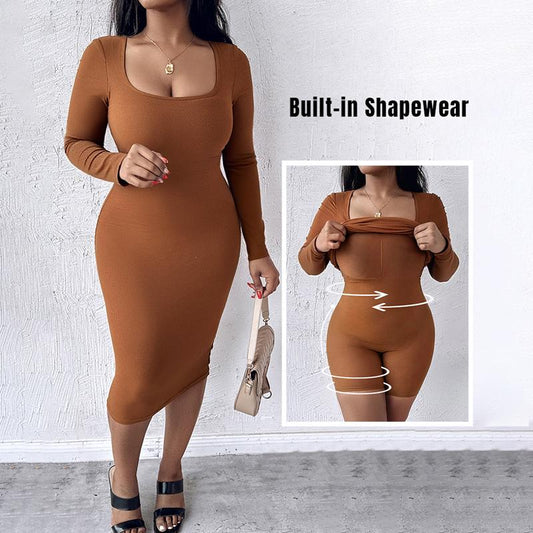 CHICME Square Neck Tummy Control Butt Lifter Thigh Slimmer Full Body Shaper Bodycon Dress Double Layer Built-In Shapewear Ribbed Mid-Length Dress
