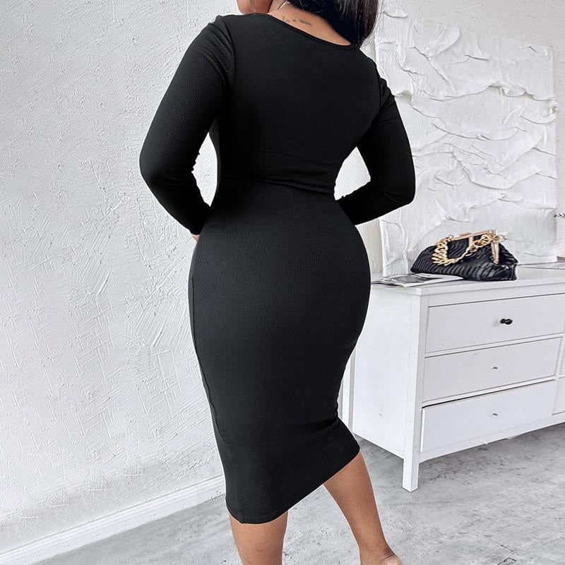 CHICME Square Neck Tummy Control Butt Lifter Thigh Slimmer Full Body Shaper Bodycon Dress Double Layer Built-In Shapewear Ribbed Mid-Length Dress