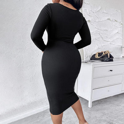 CHICME Square Neck Tummy Control Butt Lifter Thigh Slimmer Full Body Shaper Bodycon Dress Double Layer Built-In Shapewear Ribbed Mid-Length Dress