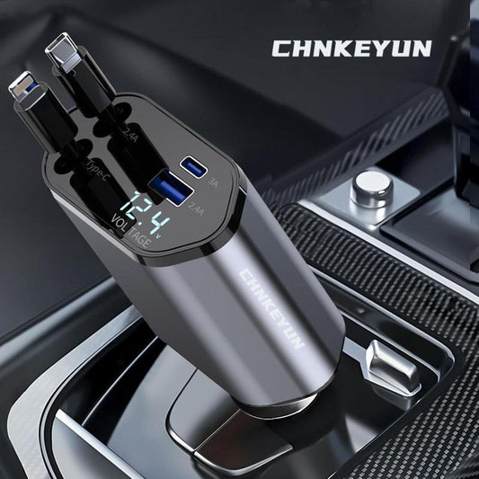 CHNKEYUN Retractable Car Charger, 2 USB Ports Car Charger, Retractable Cable and 4 in 1 Fast Car Phone Charger 120W with Cord 2.6Ft, Adapter for Iphone 15 14 13 12 Pro Max, Galaxy S23And Type-C Fast Car Phone Charger