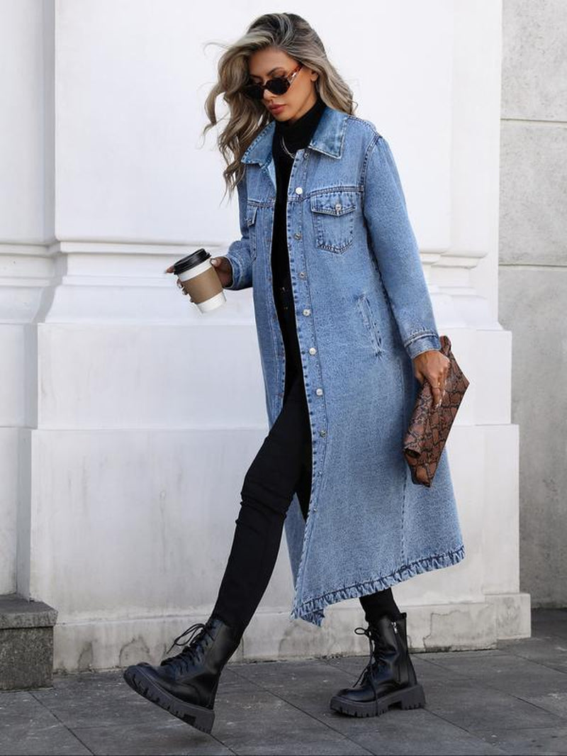 Women'S Button Front Denim Coat, Elegant Casual Long Sleeve Denim Jacket for Spring & Fall, Women'S Clothing for Daily Wear
