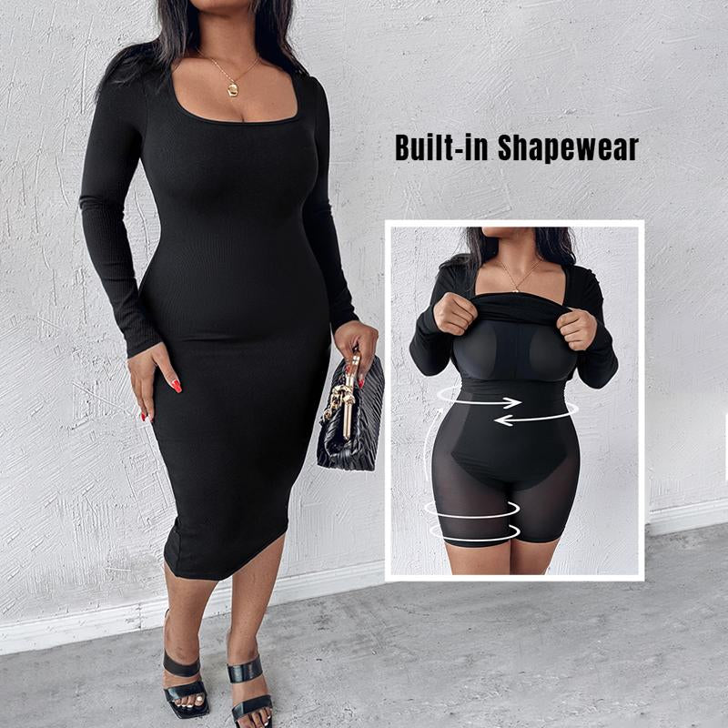CHICME Square Neck Tummy Control Butt Lifter Thigh Slimmer Full Body Shaper Bodycon Dress Double Layer Built-In Shapewear Ribbed Mid-Length Dress