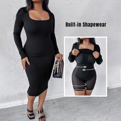 CHICME Square Neck Tummy Control Butt Lifter Thigh Slimmer Full Body Shaper Bodycon Dress Double Layer Built-In Shapewear Ribbed Mid-Length Dress