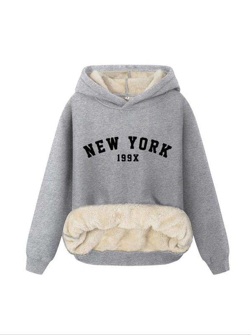 Women'S Letter Print Plush Lined Hoodie, Casual Warm Long Sleeve Hooded Sweatshirt, Ladies Fall & Winter Clothes for Daily Wear