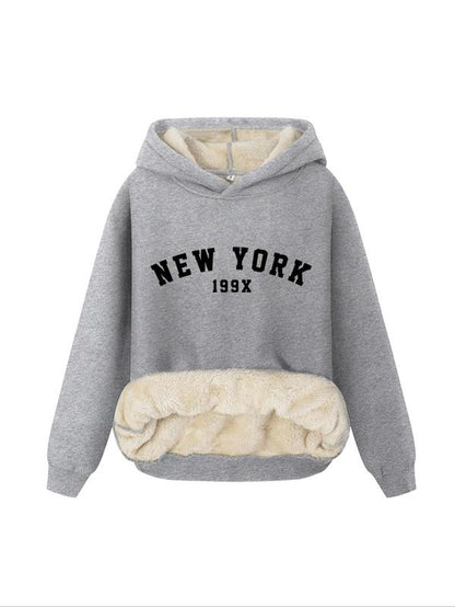 Women'S Letter Print Plush Lined Hoodie, Casual Warm Long Sleeve Hooded Sweatshirt, Ladies Fall & Winter Clothes for Daily Wear