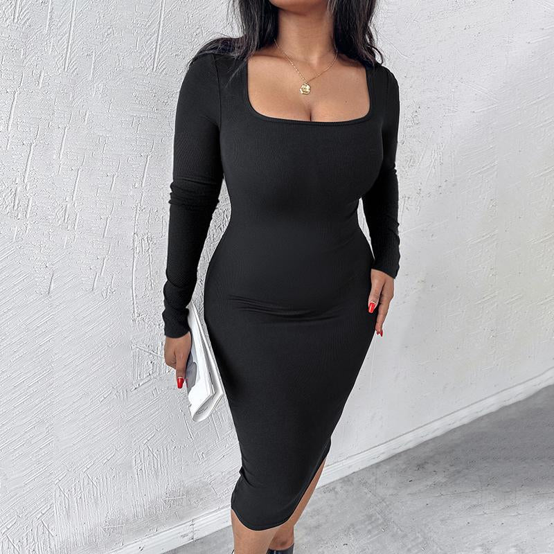 CHICME Square Neck Tummy Control Butt Lifter Thigh Slimmer Full Body Shaper Bodycon Dress Double Layer Built-In Shapewear Ribbed Mid-Length Dress