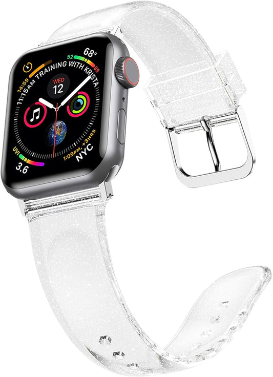 Compatible with Apple Watch Band 46Mm 45Mm 44Mm 42Mm, Soft Glitter Clear Iwatch Bands for Women Series 1-11 - Clear/Silver