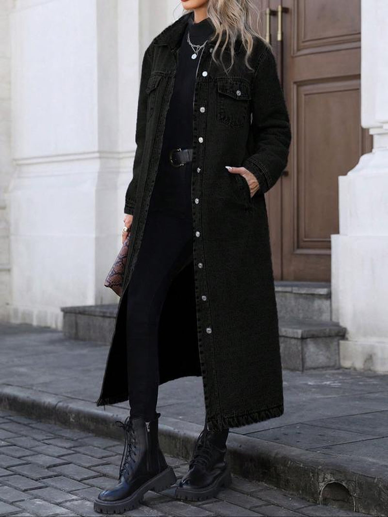 Women'S Button Front Denim Coat, Elegant Casual Long Sleeve Denim Jacket for Spring & Fall, Women'S Clothing for Daily Wear